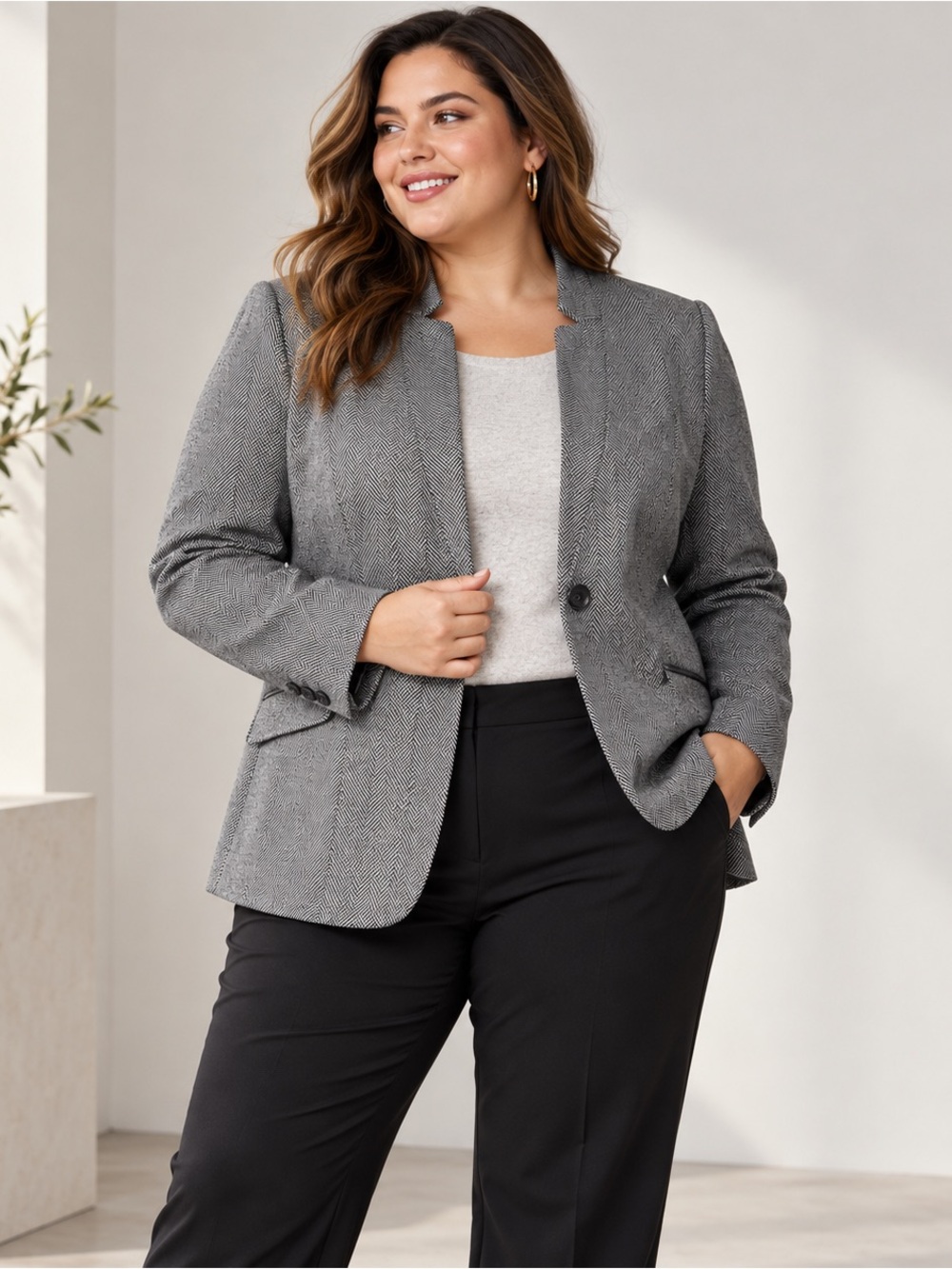 Talbots Aberdeen Herringbone Blazer Plus 24W Gray Black Plus Size Career Jacket